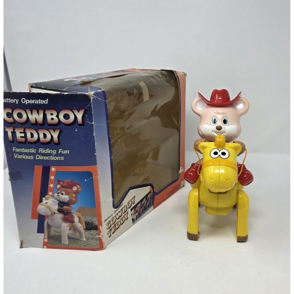Vintage‎ 1988 Cowboy Teddy Battery Op Bear Riding Horse Toy w Box Supertoys